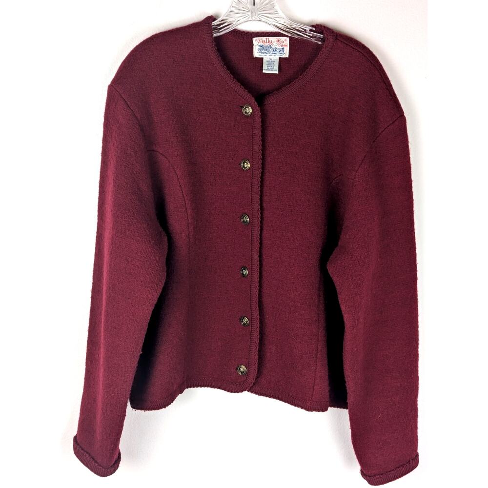Tally-Ho 100% Boiled Wool Austrian Alpine Jacket Burgundy Cardigan Women XL 80s